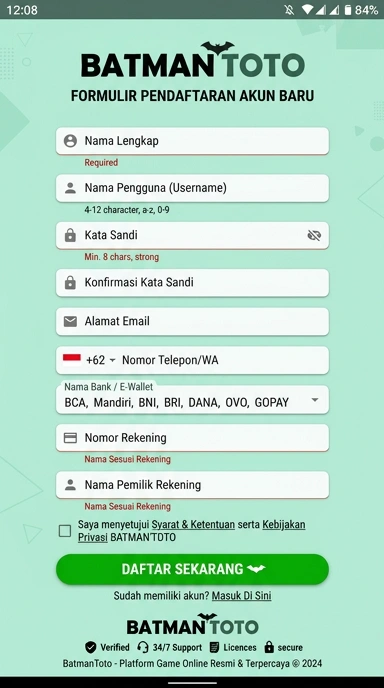 Tampilan halaman daftar batmantoto